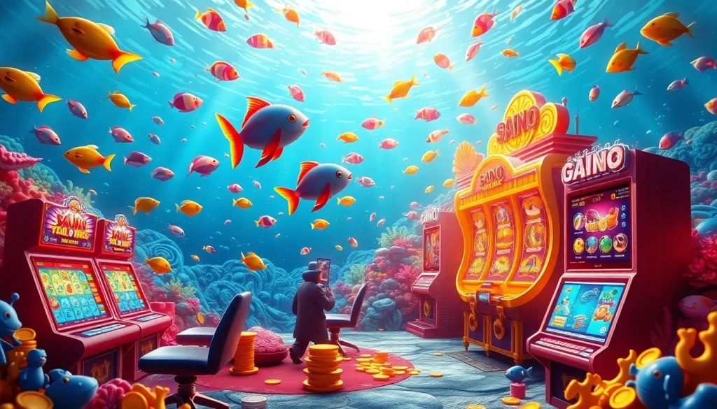Experience the thrill of bắn cá đổi thưởng with vibrant visuals of underwater gaming action and dynamic casino elements.