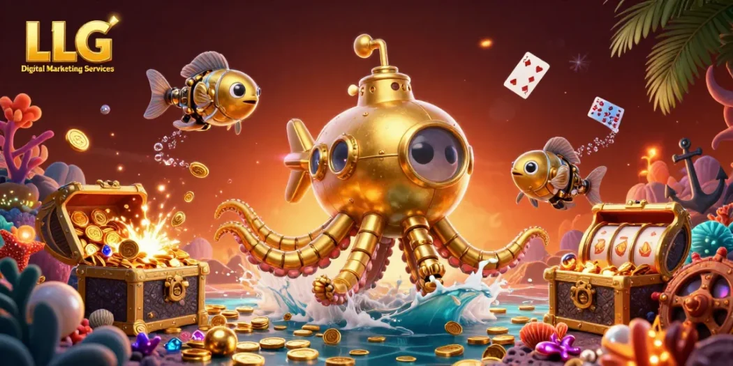 Engage with LLG Digital Marketing Services as an animated kraken submarine bursts through golden coins in a casino-themed adventure.