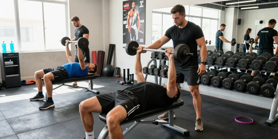 The Official Prime Pharma Steroid Shop athlete bench pressing in a vibrant fitness studio.
