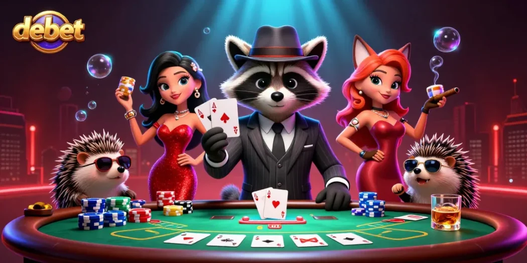 Experience the excitement of debet gaming with a raccoon holding a royal flush in a vibrant casino scene.