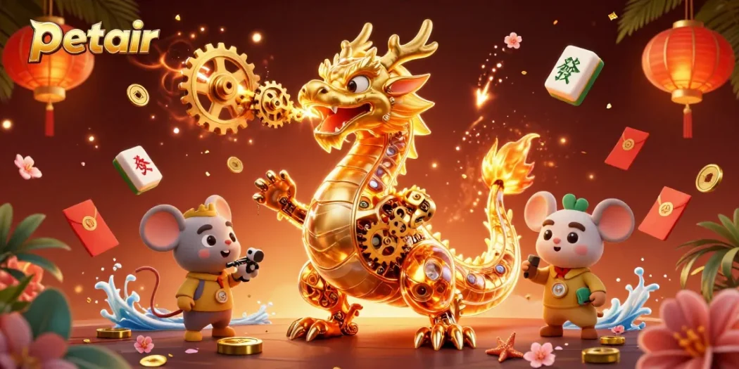 Engage with petair's gaming excitement featuring a golden dragon and festive casino elements.