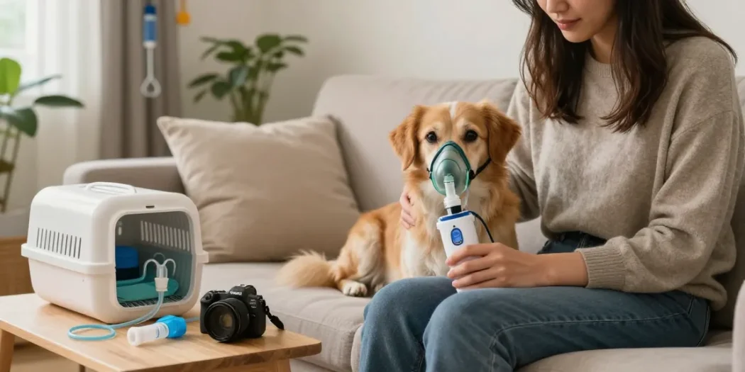 Comfortable home scene showcasing pet oxygen treatment with petair oxygen device for pets.