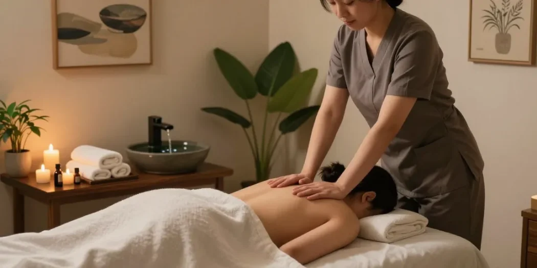 Experience a relaxing 신촌출장마사지 in a serene home ambiance with a professional therapist, candles, and calming details.