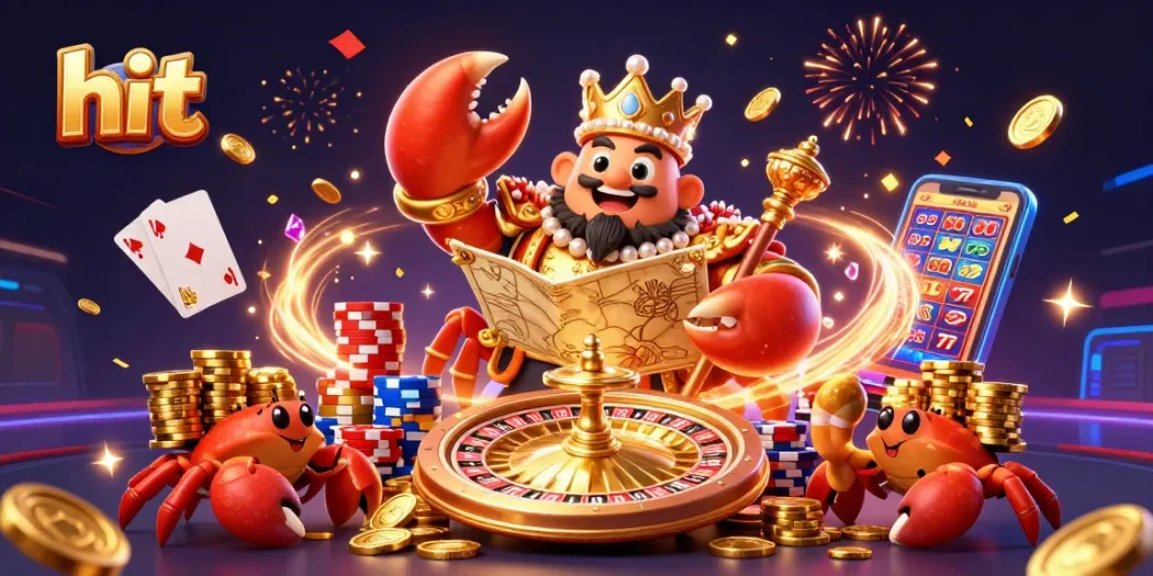 Hit the jackpot with a golden crab emperor in a vibrant, dynamic casino scene filled with coins and games.