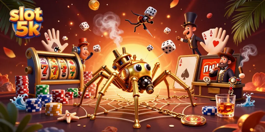 Spin the slot 5k machine with golden webs and vibrant poker chips creating immersive excitement.
